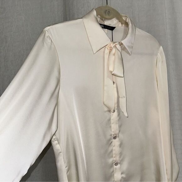 ZARA L Ivory Preppy Outer Shell Long Sleeve Front Tie Beaded Button Blouse - Picture 9 of 15